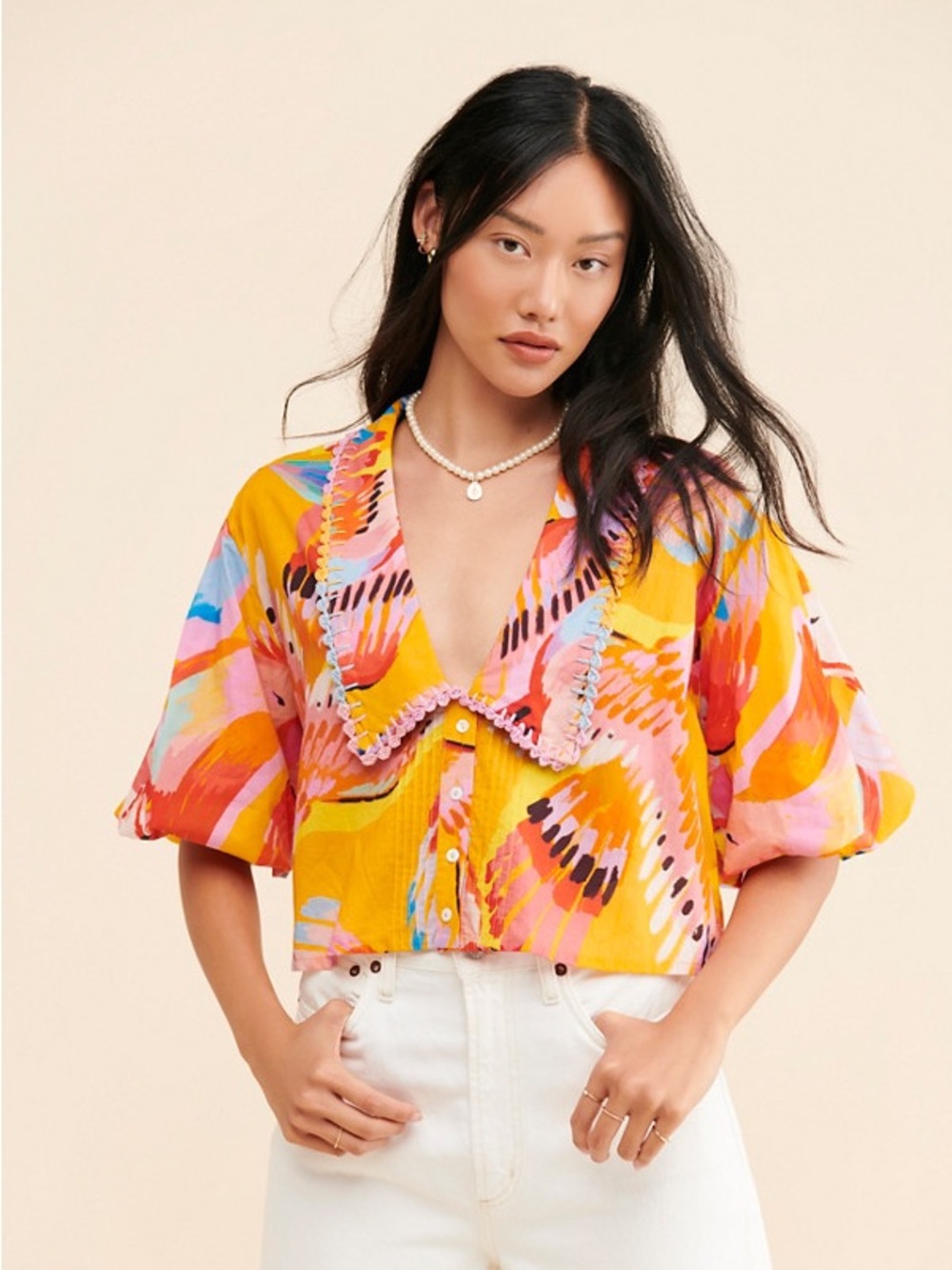 Farm Rio neon macaws buttoned blouse